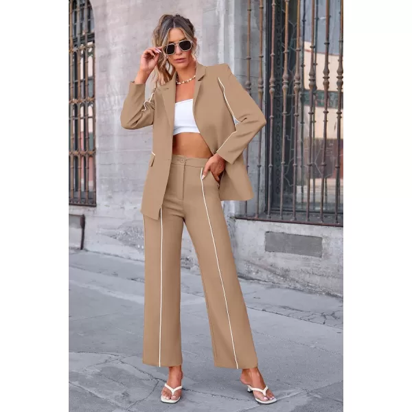 PRETTYGARDEN Womens Fall 2 Piece Blazer Outfits Business Casual Oversized Jacket Wide Leg Work Pants Dressy Suit SetKhaki