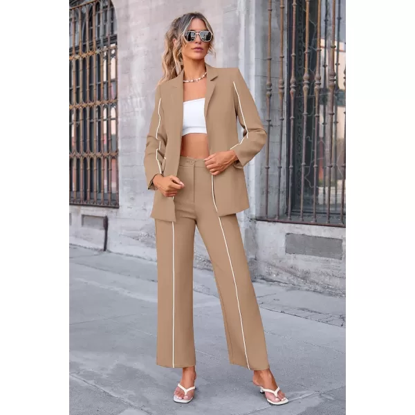 PRETTYGARDEN Womens Fall 2 Piece Blazer Outfits Business Casual Oversized Jacket Wide Leg Work Pants Dressy Suit SetKhaki