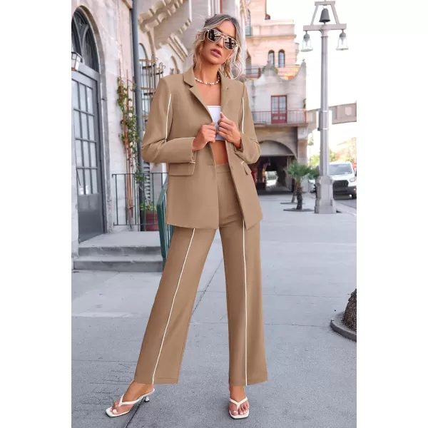 PRETTYGARDEN Womens Fall 2 Piece Blazer Outfits Business Casual Oversized Jacket Wide Leg Work Pants Dressy Suit SetKhaki