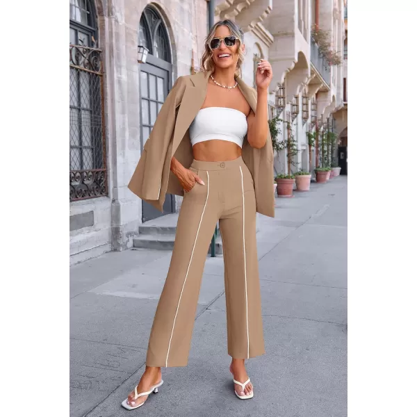 PRETTYGARDEN Womens Fall 2 Piece Blazer Outfits Business Casual Oversized Jacket Wide Leg Work Pants Dressy Suit SetKhaki