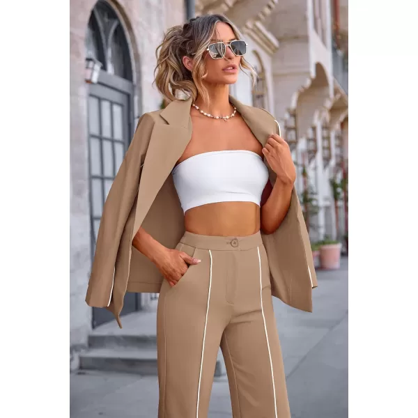 PRETTYGARDEN Womens Fall 2 Piece Blazer Outfits Business Casual Oversized Jacket Wide Leg Work Pants Dressy Suit SetKhaki