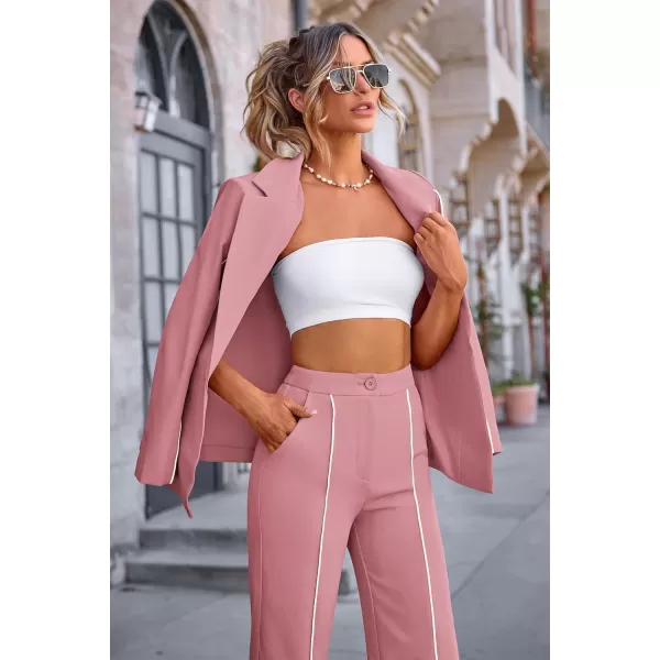 PRETTYGARDEN Womens Fall 2 Piece Blazer Outfits Business Casual Oversized Jacket Wide Leg Work Pants Dressy Suit SetPink