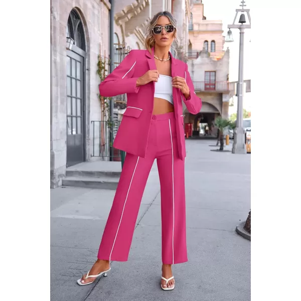 PRETTYGARDEN Womens Fall 2 Piece Blazer Outfits Business Casual Oversized Jacket Wide Leg Work Pants Dressy Suit SetRose Red