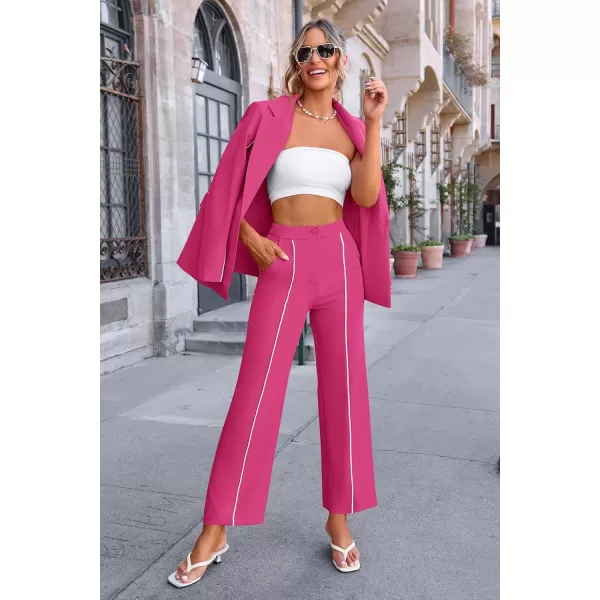 PRETTYGARDEN Womens Fall 2 Piece Blazer Outfits Business Casual Oversized Jacket Wide Leg Work Pants Dressy Suit SetRose Red