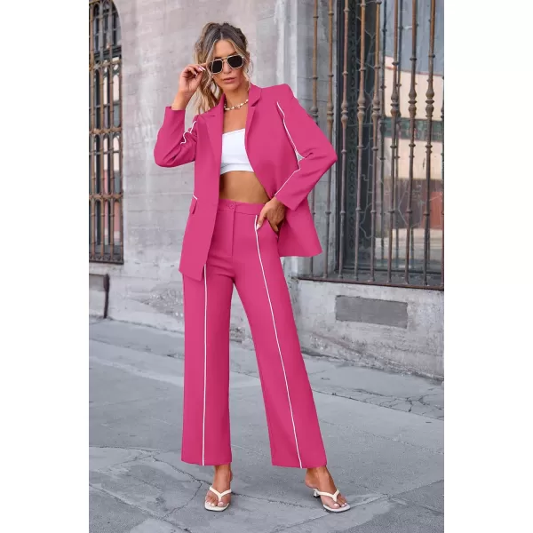 PRETTYGARDEN Womens Fall 2 Piece Blazer Outfits Business Casual Oversized Jacket Wide Leg Work Pants Dressy Suit SetRose Red