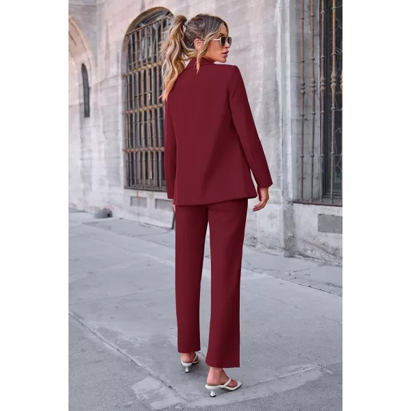 PRETTYGARDEN Womens Fall 2 Piece Blazer Outfits Business Casual Oversized Jacket Wide Leg Work Pants Dressy Suit SetWine Red