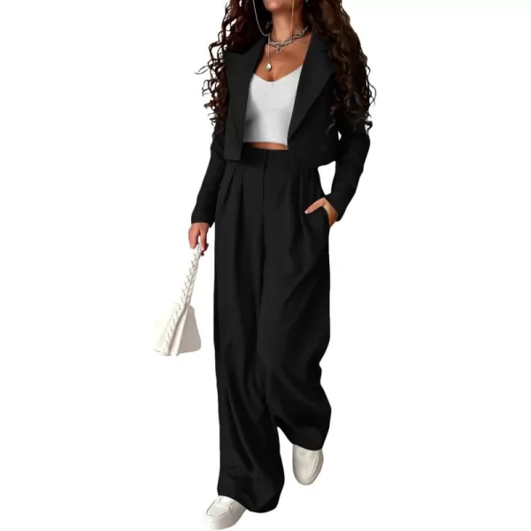 PRETTYGARDEN Womens 2 Piece Casual Outfits Cropped Blazer Jackets High Waisted Wide Leg Work Pants Suit SetBlack
