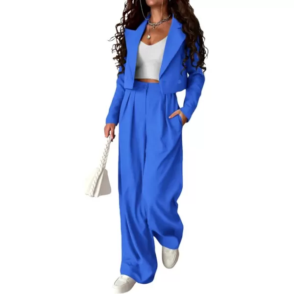 PRETTYGARDEN Womens 2 Piece Casual Outfits Cropped Blazer Jackets High Waisted Wide Leg Work Pants Suit SetBlue