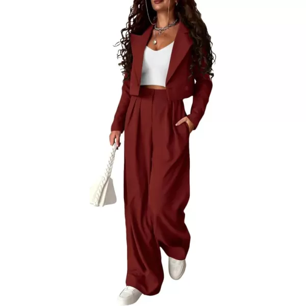 PRETTYGARDEN Womens 2 Piece Casual Outfits Cropped Blazer Jackets High Waisted Wide Leg Work Pants Suit SetBrown Red