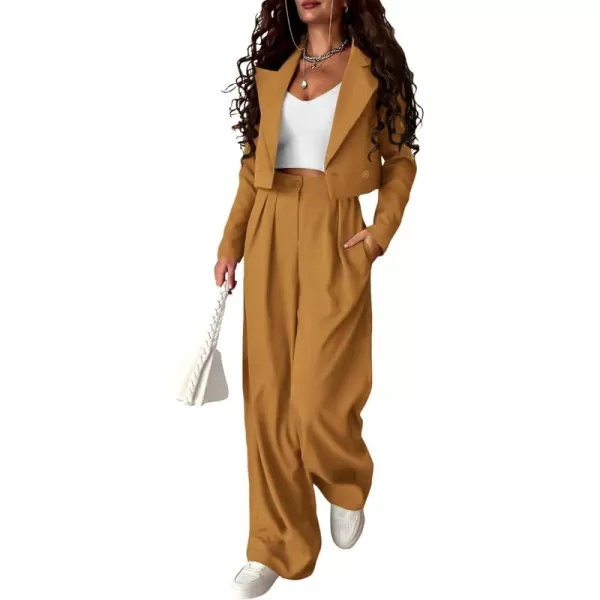 PRETTYGARDEN Womens 2 Piece Casual Outfits Cropped Blazer Jackets High Waisted Wide Leg Work Pants Suit SetBrown Yellow