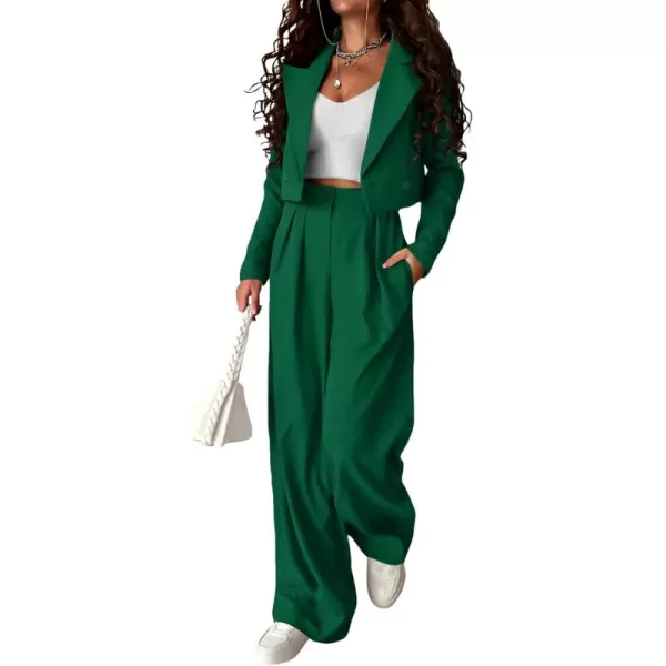 PRETTYGARDEN Womens 2 Piece Casual Outfits Cropped Blazer Jackets High Waisted Wide Leg Work Pants Suit SetGreen