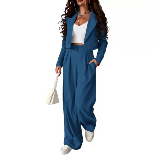 PRETTYGARDEN Womens 2 Piece Casual Outfits Cropped Blazer Jackets High Waisted Wide Leg Work Pants Suit SetLake Blue