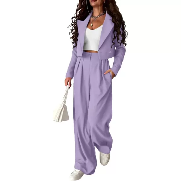 PRETTYGARDEN Womens 2 Piece Casual Outfits Cropped Blazer Jackets High Waisted Wide Leg Work Pants Suit SetLight Purple