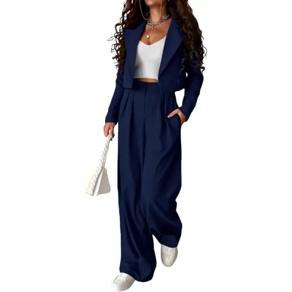 PRETTYGARDEN Womens 2 Piece Casual Outfits Cropped Blazer Jackets High Waisted Wide Leg Work Pants Suit SetNavy