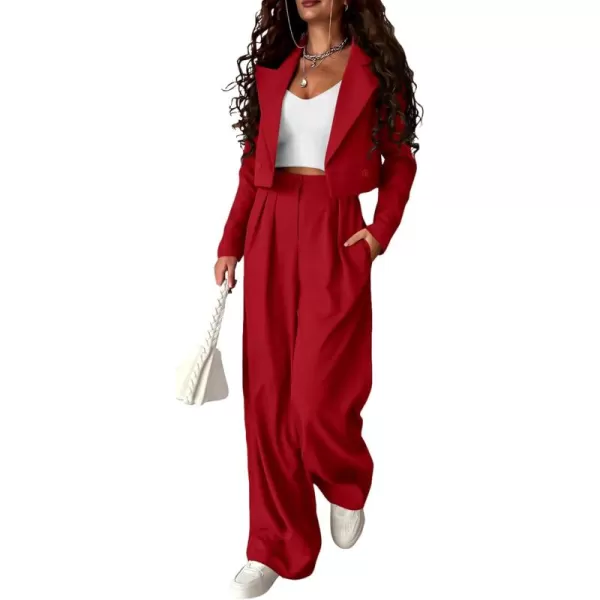 PRETTYGARDEN Womens 2 Piece Casual Outfits Cropped Blazer Jackets High Waisted Wide Leg Work Pants Suit SetRed