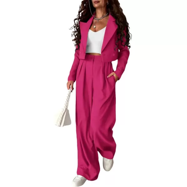 PRETTYGARDEN Womens 2 Piece Casual Outfits Cropped Blazer Jackets High Waisted Wide Leg Work Pants Suit SetRose Red
