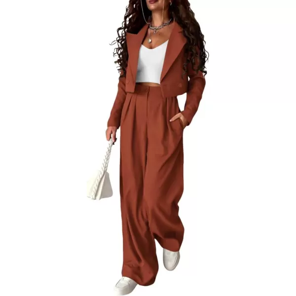PRETTYGARDEN Womens 2 Piece Casual Outfits Cropped Blazer Jackets High Waisted Wide Leg Work Pants Suit SetRust Red