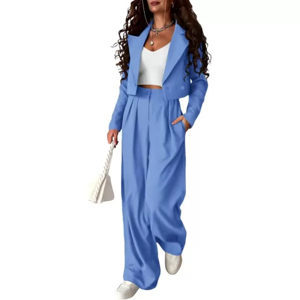 PRETTYGARDEN Womens 2 Piece Casual Outfits Cropped Blazer Jackets High Waisted Wide Leg Work Pants Suit SetSky Blue