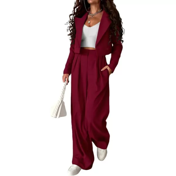 PRETTYGARDEN Womens 2 Piece Casual Outfits Cropped Blazer Jackets High Waisted Wide Leg Work Pants Suit SetWine Red