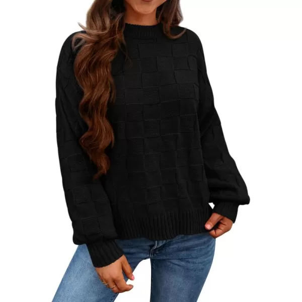 PRETTYGARDEN Womens 2024 Fall Long Sleeve Crewneck Pullover Sweaters Loose Checkered Chunky Ribbed Knit Jumper TopsBlack