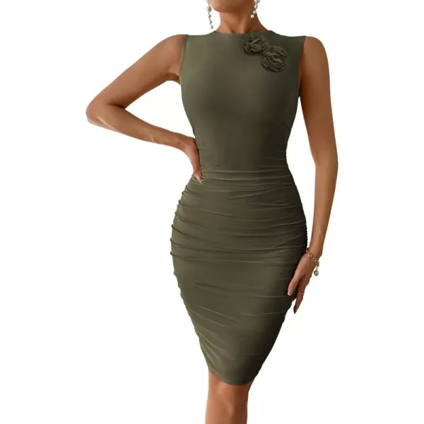 PRETTYGARDEN Womens 2024 Summer Mini Dress Sleeveless Bodycon Ruched Mesh 3D Flower Elegant Cocktail Party Short DressesArmy Green