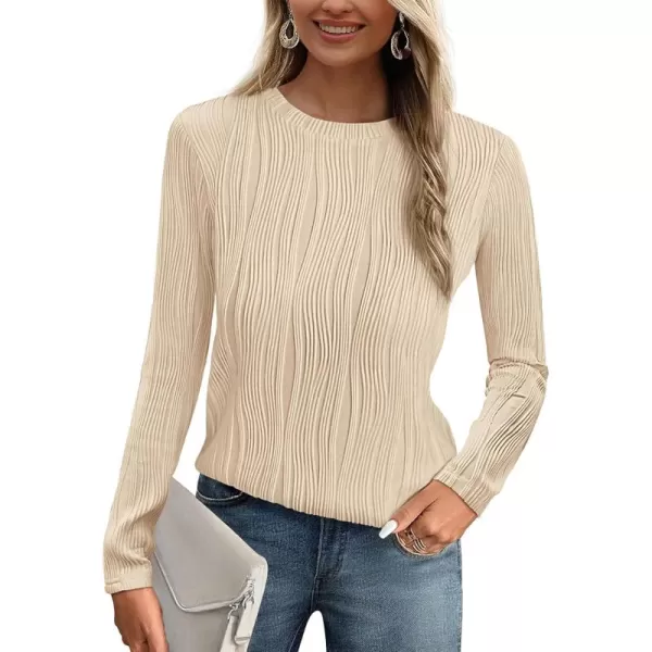 PRETTYGARDEN Womens Basic Plain Tee Shirts Fall Long Sleeve Crewneck Textured Dressy Casual Blouse TopsApricot Pink
