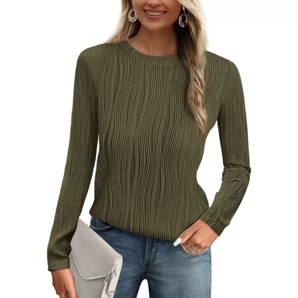 PRETTYGARDEN Womens Basic Plain Tee Shirts Fall Long Sleeve Crewneck Textured Dressy Casual Blouse TopsArmy Green