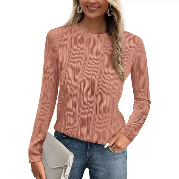 PRETTYGARDEN Womens Basic Plain Tee Shirts Fall Long Sleeve Crewneck Textured Dressy Casual Blouse TopsBean Paste Pink