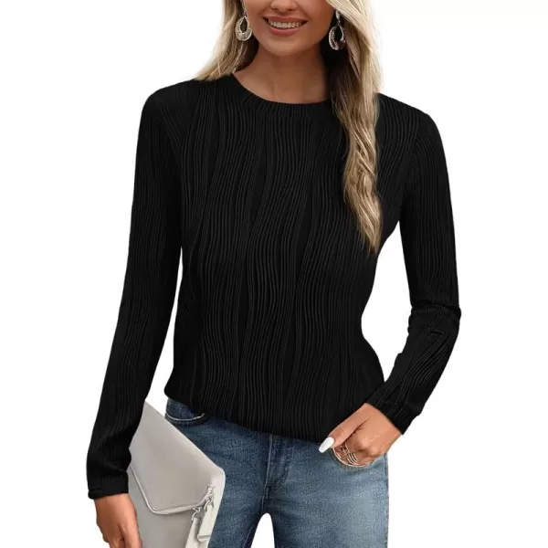 PRETTYGARDEN Womens Basic Plain Tee Shirts Fall Long Sleeve Crewneck Textured Dressy Casual Blouse TopsBlack