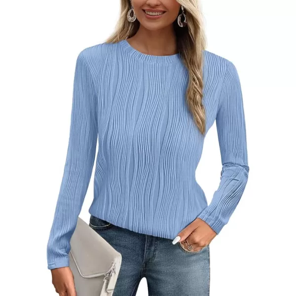 PRETTYGARDEN Womens Basic Plain Tee Shirts Fall Long Sleeve Crewneck Textured Dressy Casual Blouse TopsBlue Grey