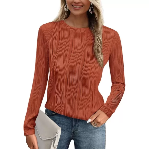 PRETTYGARDEN Womens Basic Plain Tee Shirts Fall Long Sleeve Crewneck Textured Dressy Casual Blouse TopsBrick Red