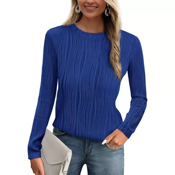 PRETTYGARDEN Womens Basic Plain Tee Shirts Fall Long Sleeve Crewneck Textured Dressy Casual Blouse TopsBrilliant Blue
