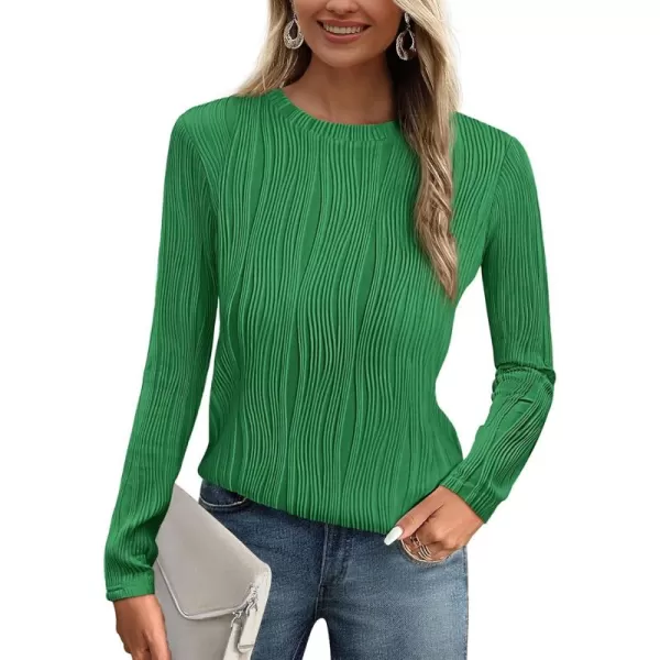 PRETTYGARDEN Womens Basic Plain Tee Shirts Fall Long Sleeve Crewneck Textured Dressy Casual Blouse TopsBrilliant Green