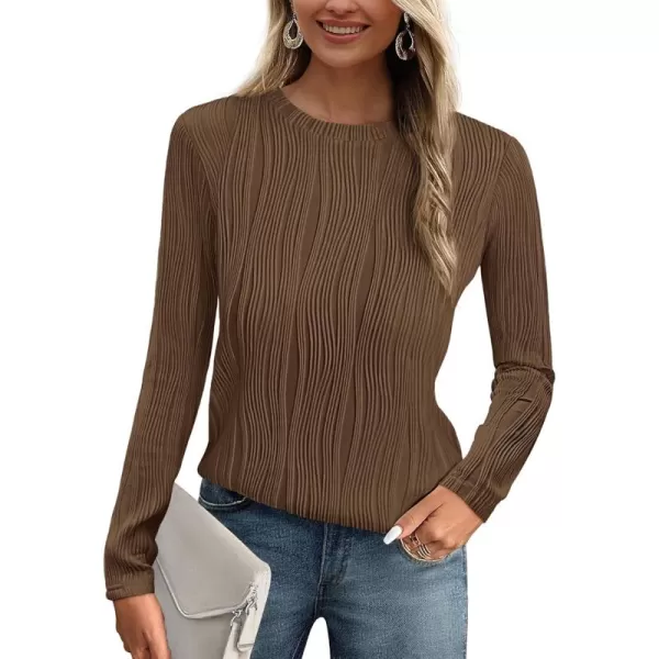 PRETTYGARDEN Womens Basic Plain Tee Shirts Fall Long Sleeve Crewneck Textured Dressy Casual Blouse TopsCoffee