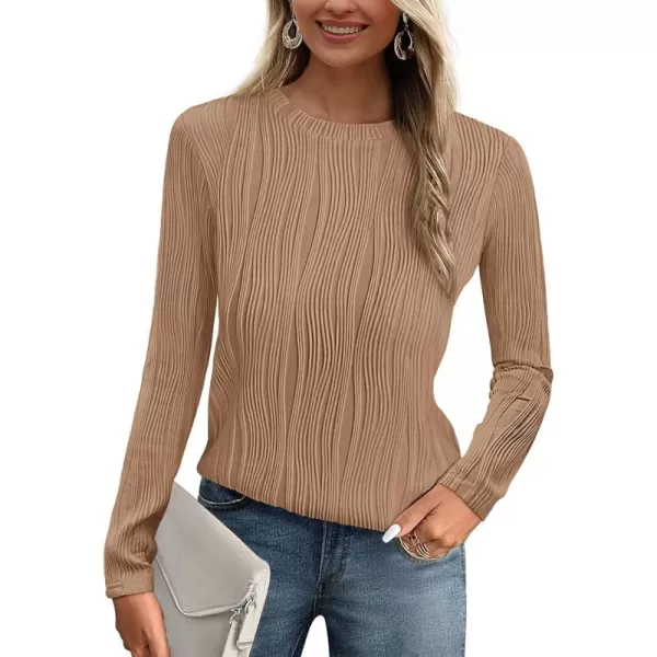 PRETTYGARDEN Womens Basic Plain Tee Shirts Fall Long Sleeve Crewneck Textured Dressy Casual Blouse TopsKhaki
