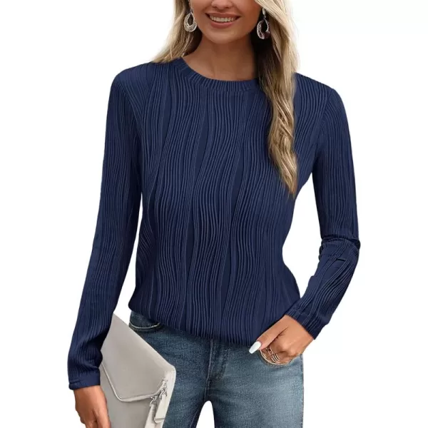 PRETTYGARDEN Womens Basic Plain Tee Shirts Fall Long Sleeve Crewneck Textured Dressy Casual Blouse TopsNavy