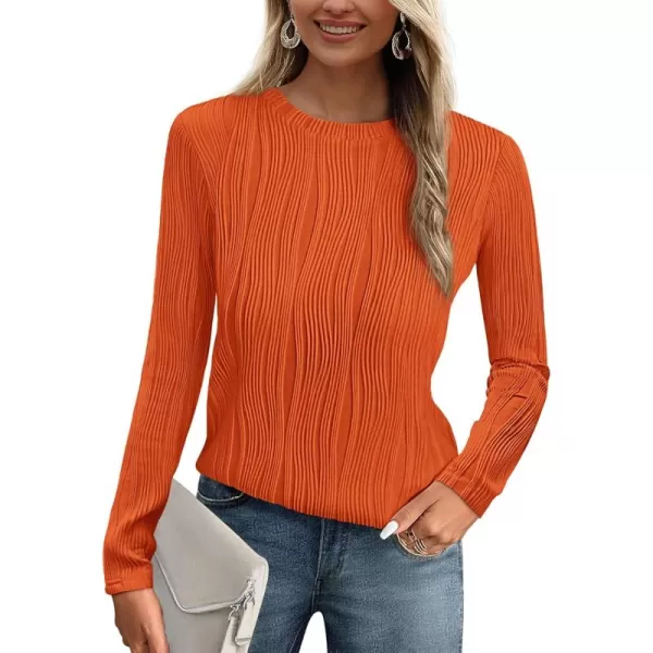 PRETTYGARDEN Womens Basic Plain Tee Shirts Fall Long Sleeve Crewneck Textured Dressy Casual Blouse TopsOrange