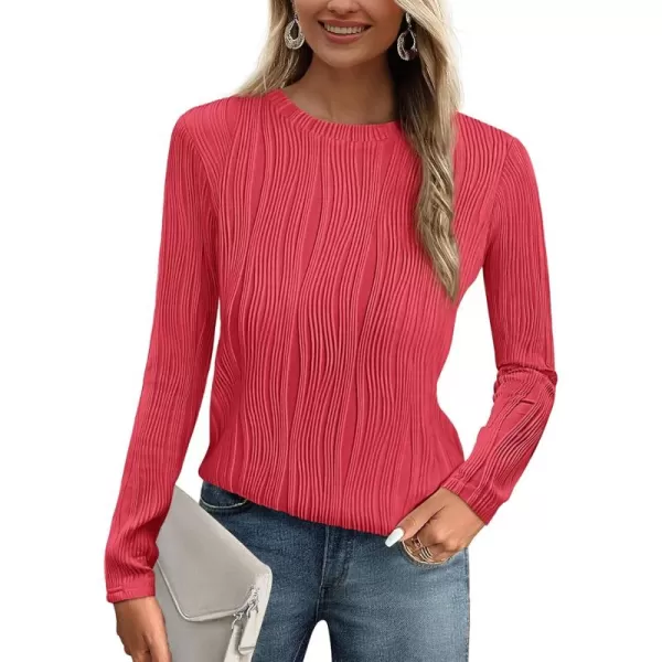 PRETTYGARDEN Womens Basic Plain Tee Shirts Fall Long Sleeve Crewneck Textured Dressy Casual Blouse TopsRed