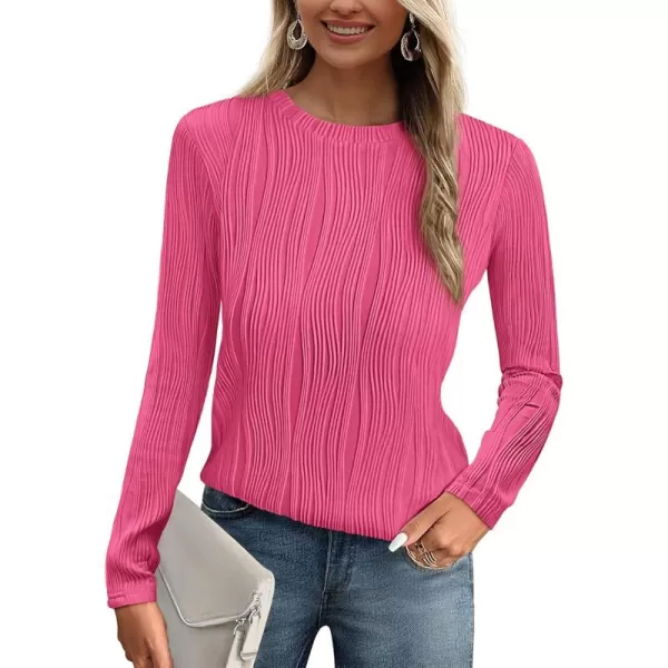 PRETTYGARDEN Womens Basic Plain Tee Shirts Fall Long Sleeve Crewneck Textured Dressy Casual Blouse TopsRose Red