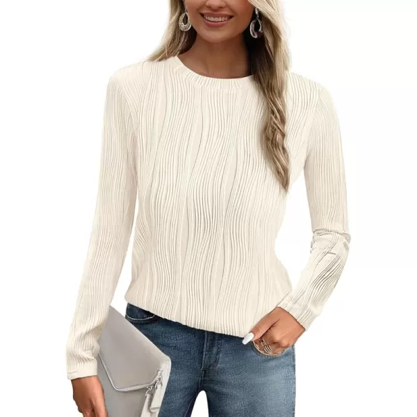 PRETTYGARDEN Womens Basic Plain Tee Shirts Fall Long Sleeve Crewneck Textured Dressy Casual Blouse TopsWhite
