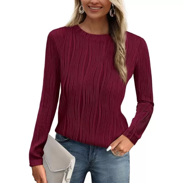 PRETTYGARDEN Womens Basic Plain Tee Shirts Fall Long Sleeve Crewneck Textured Dressy Casual Blouse TopsWine Red