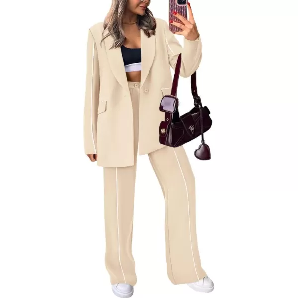 PRETTYGARDEN Womens Fall 2 Piece Blazer Outfits Business Casual Oversized Jacket Wide Leg Work Pants Dressy Suit SetBeige