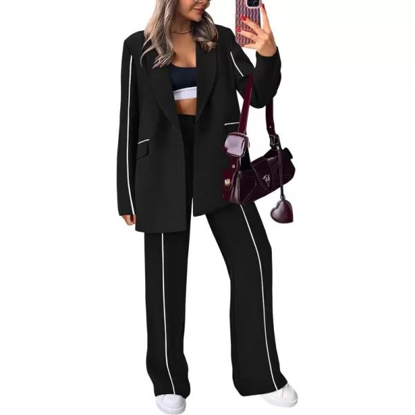 PRETTYGARDEN Womens Fall 2 Piece Blazer Outfits Business Casual Oversized Jacket Wide Leg Work Pants Dressy Suit SetBlack