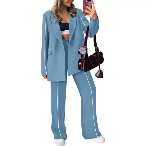 PRETTYGARDEN Womens Fall 2 Piece Blazer Outfits Business Casual Oversized Jacket Wide Leg Work Pants Dressy Suit SetBlue