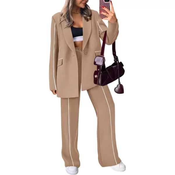 PRETTYGARDEN Womens Fall 2 Piece Blazer Outfits Business Casual Oversized Jacket Wide Leg Work Pants Dressy Suit SetKhaki