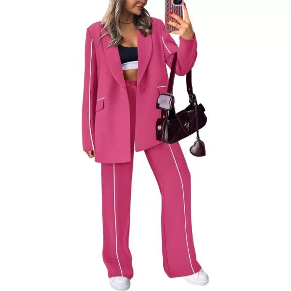 PRETTYGARDEN Womens Fall 2 Piece Blazer Outfits Business Casual Oversized Jacket Wide Leg Work Pants Dressy Suit SetRose Red