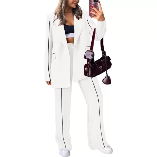 PRETTYGARDEN Womens Fall 2 Piece Blazer Outfits Business Casual Oversized Jacket Wide Leg Work Pants Dressy Suit SetWhite
