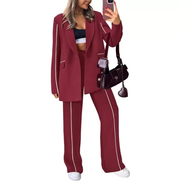 PRETTYGARDEN Womens Fall 2 Piece Blazer Outfits Business Casual Oversized Jacket Wide Leg Work Pants Dressy Suit SetWine Red