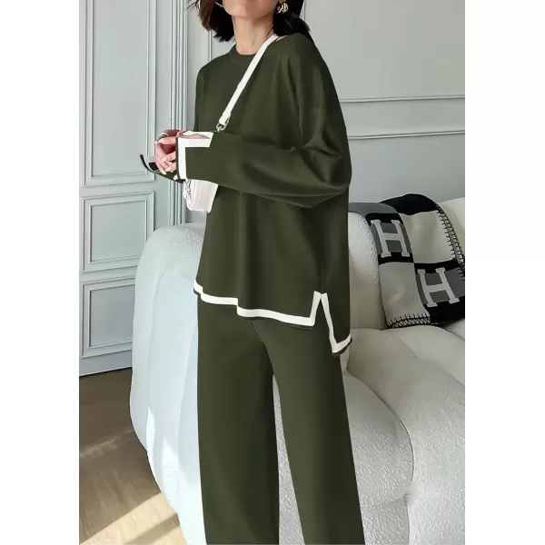 PRETTYGARDEN Womens 2 Piece Knit Sweater Set Casual Long Sleeve Pullover Wide Leg Pants Sweatsuit Tracksuit OutfitArmy Green