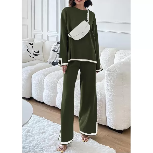 PRETTYGARDEN Womens 2 Piece Knit Sweater Set Casual Long Sleeve Pullover Wide Leg Pants Sweatsuit Tracksuit OutfitArmy Green